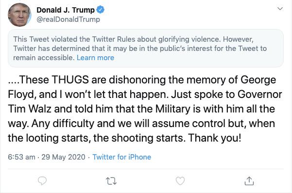 Twitter hides Trump tweet for ‘glorifying violence’