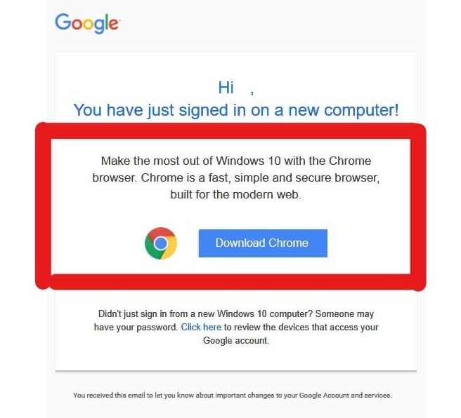 Google utilizes majority of security alert e-mail to inform Edge users to set up Chrome