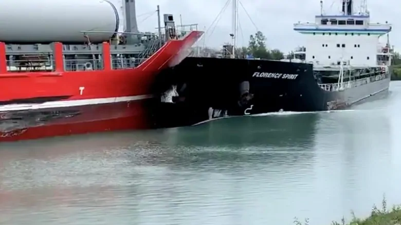 Officials investigating after ‘rare’ collision between ships in Welland Canal | CBC News