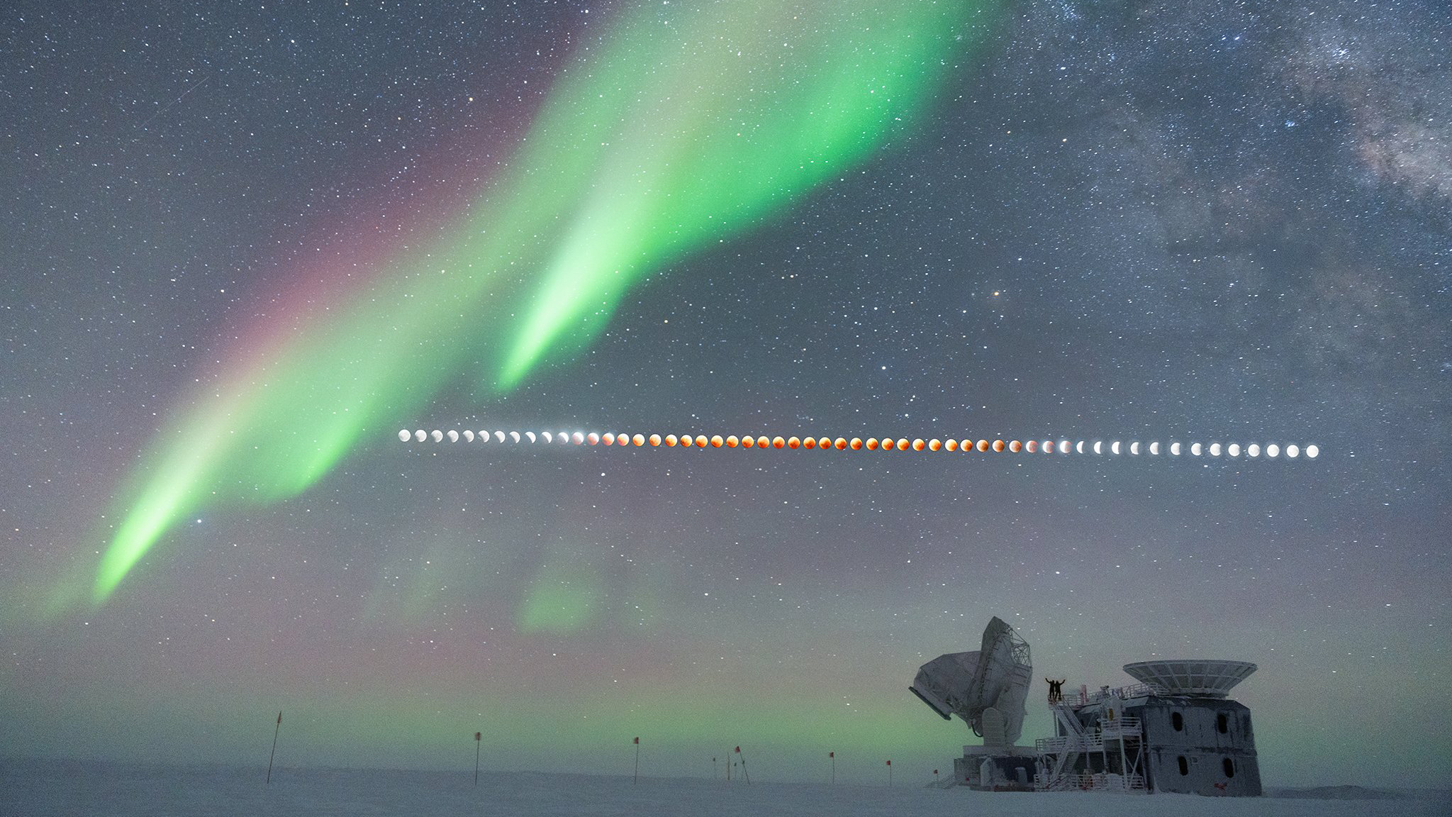 South Pole aurora dances around total lunar eclipse in elegant astronomer characterize