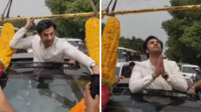 Ranbir Kapoor visits Vishakhapatnam for Brahmastra promotions, garlanded by a crane