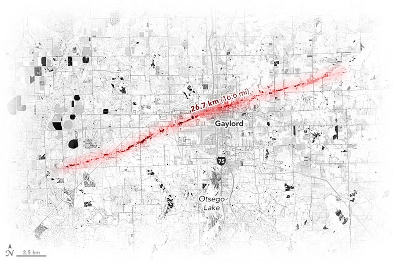 Satellite Imagery Reveals 16 Mile Line of Destruction From EF-3 Twister Ripping Through Gaylord