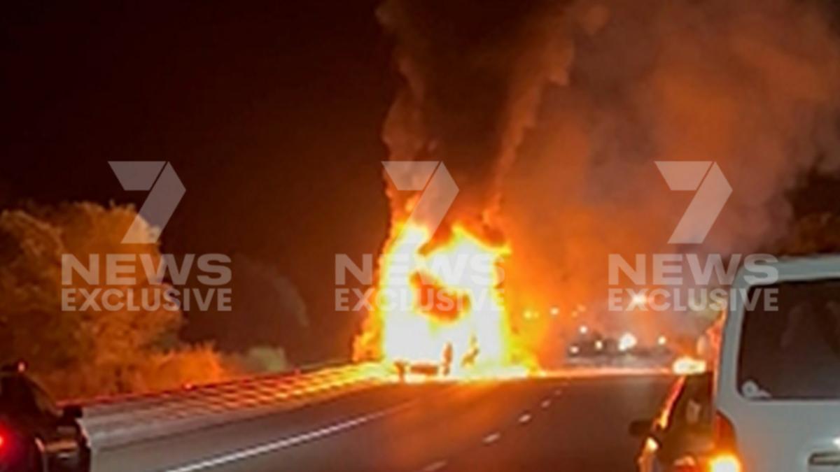 Coles supermarket truck goes up in flames following dramatic wreck with 4wd on Bruce Motorway on Queensland’s Sunshine Flee