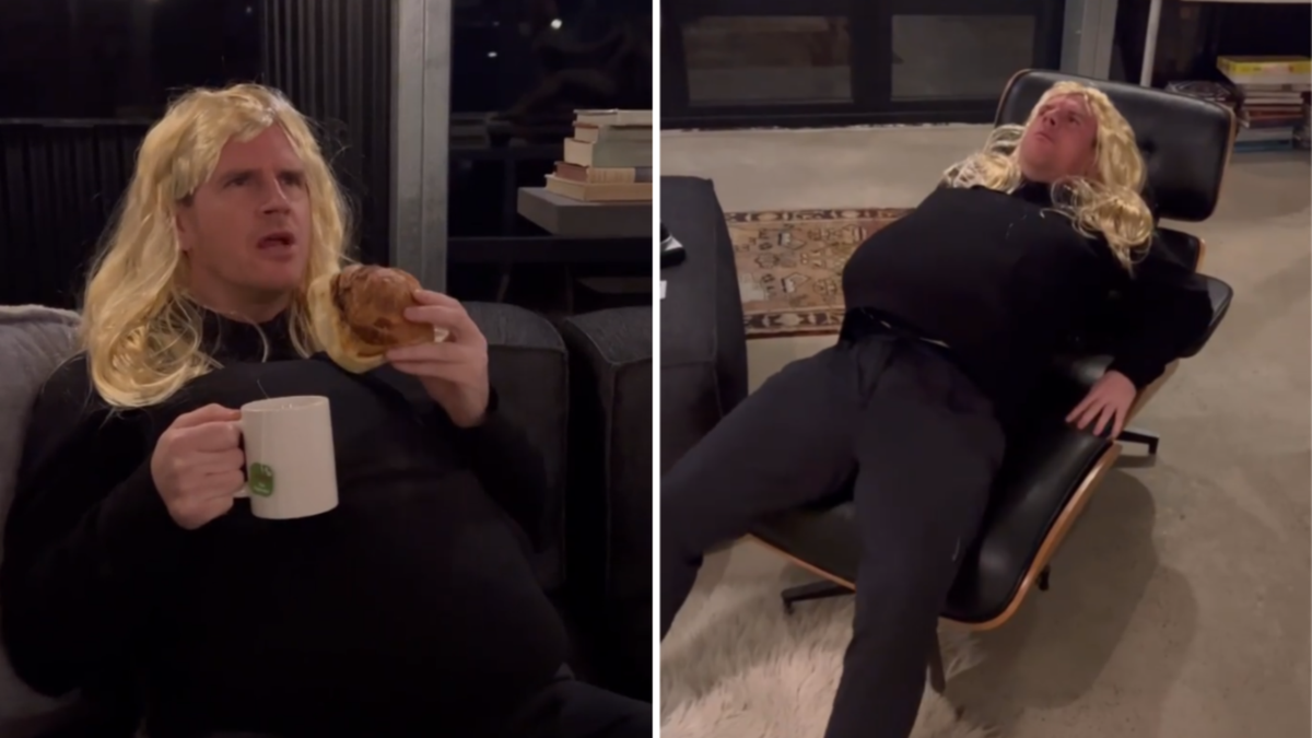 Sam Mac pretends to be his pregnant girlfriend Rebecca James in hilarious new video