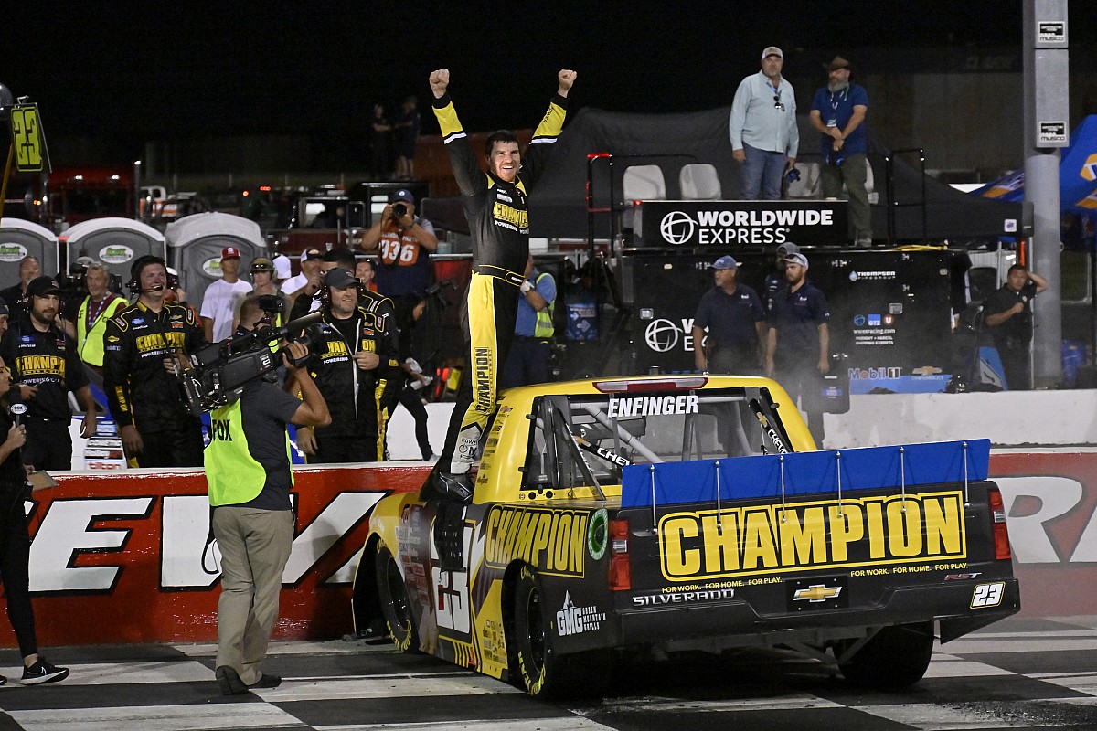 Enfinger wins wild NASCAR Vans playoff opener at IRP