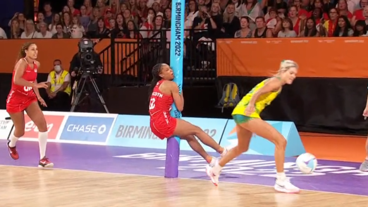 Glance video of the moment England goal defence Layla Guscoth smashes into the put up against Australia’s Diamonds on the Commonwealth Video games netball in Birmingham