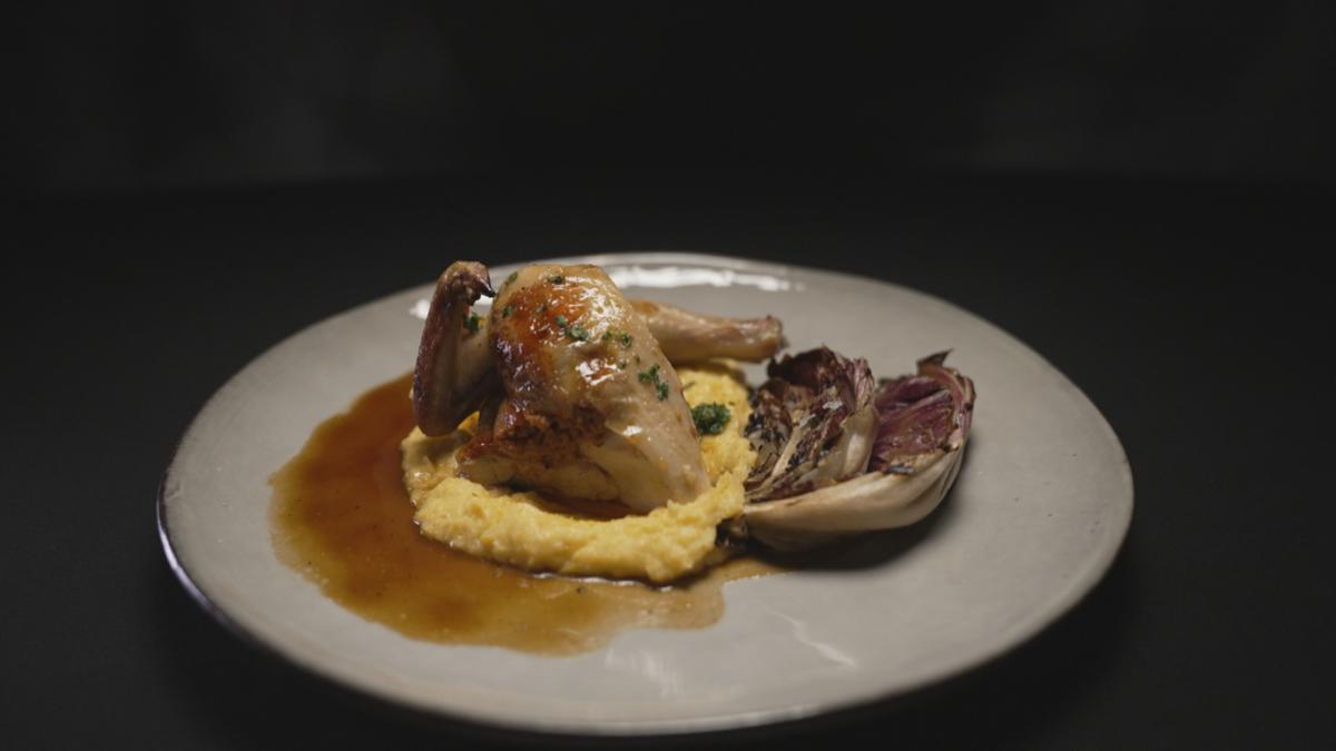 Roast Spatchcock with Nduja, Contemporary Corn Polenta and Grilled Radicchio: Sophie & Katherine recipe