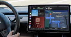 Tesla CarPlay idea displays a modular UI influenced by Apple’s next-gen style