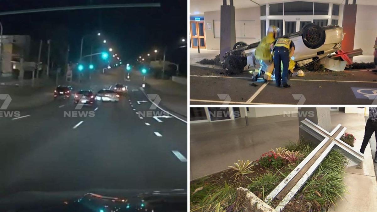 Speeding cars and truck almost gets pedestrian, gets visited church cross in Sunnybank crash