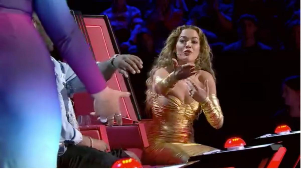 The Voice entrant in tears as judges Guy Sebastian, Jason Derulo and Rita Ora take goal at Jess Mauboy