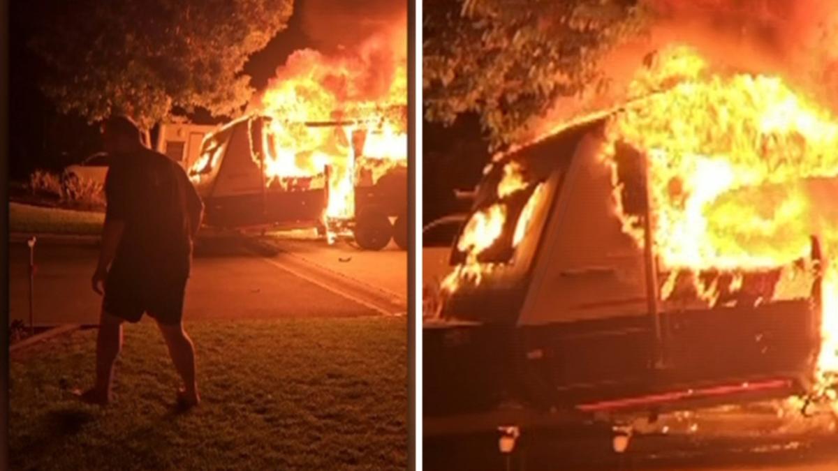 Gold Coast guy’s brave act after caravan bursts into flames beside his home