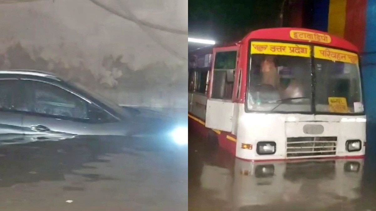 UP: Roadways bus, car and Bolero stuck in rain water, JCB had to be called