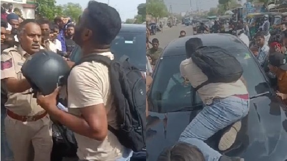 Car stopped, punches on bonnet and broke glass … Attack on police team taking the crook in Jaipur, video