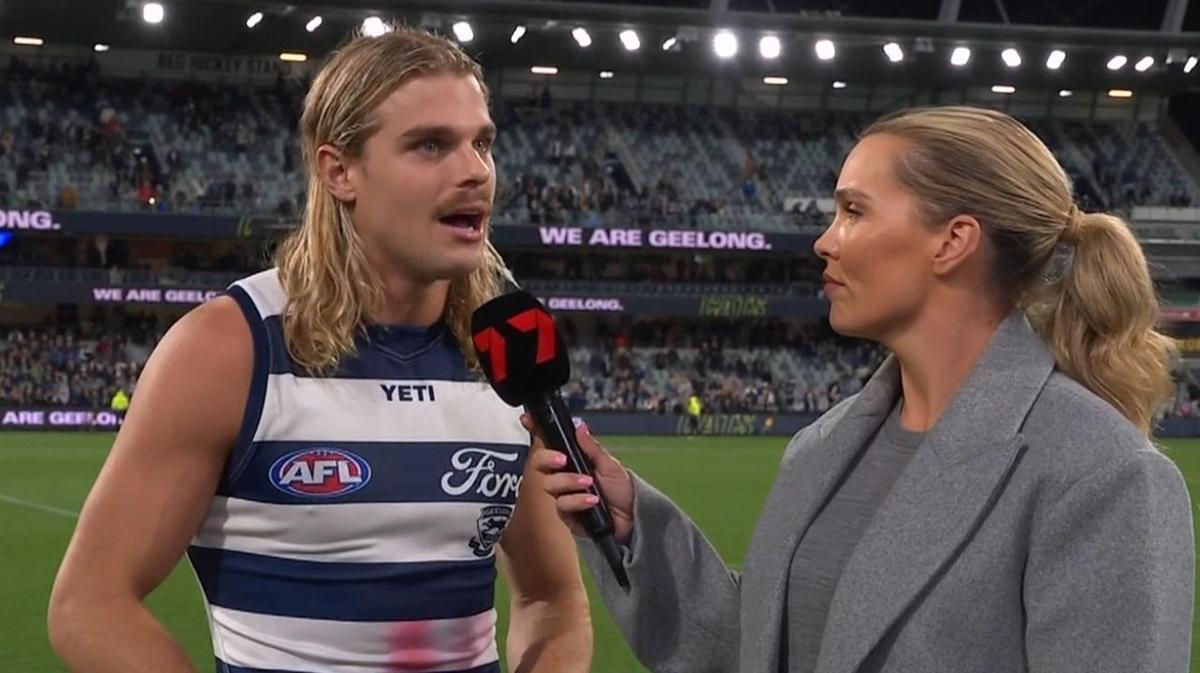 Bailey Smith calls for mental health round in raw interview after Geelong’s win over Western Bulldogs