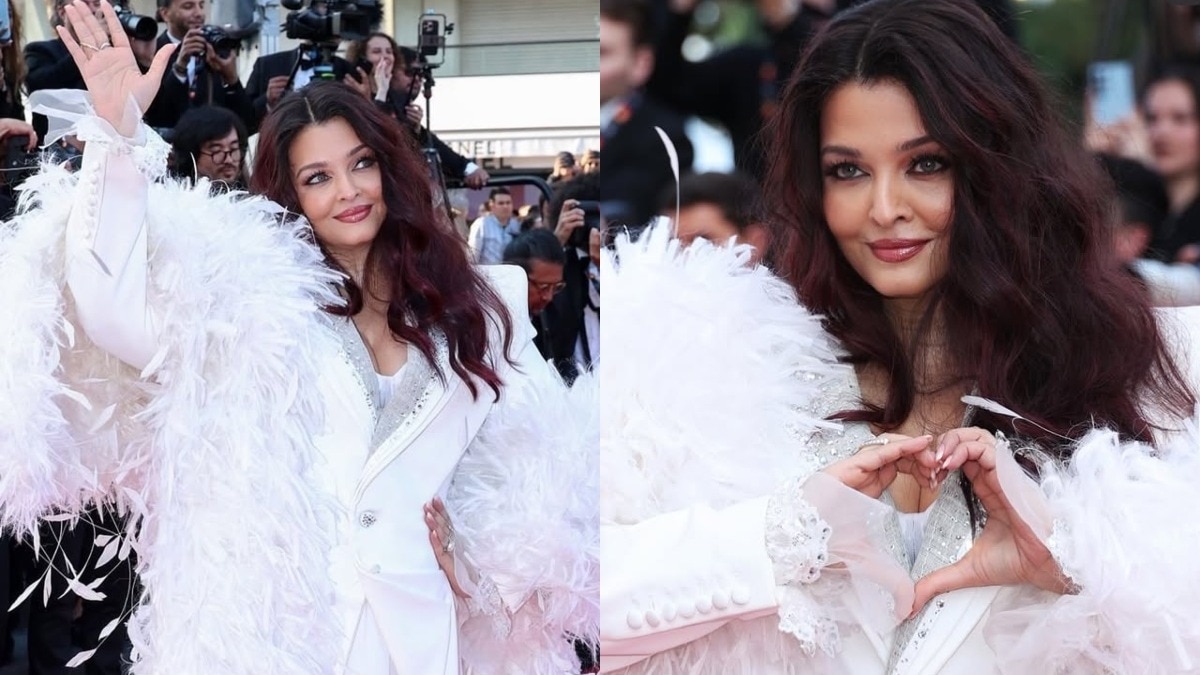 Aishwarya becomes showstopper! Feather Pallu Look with Shadow White Pant Suit