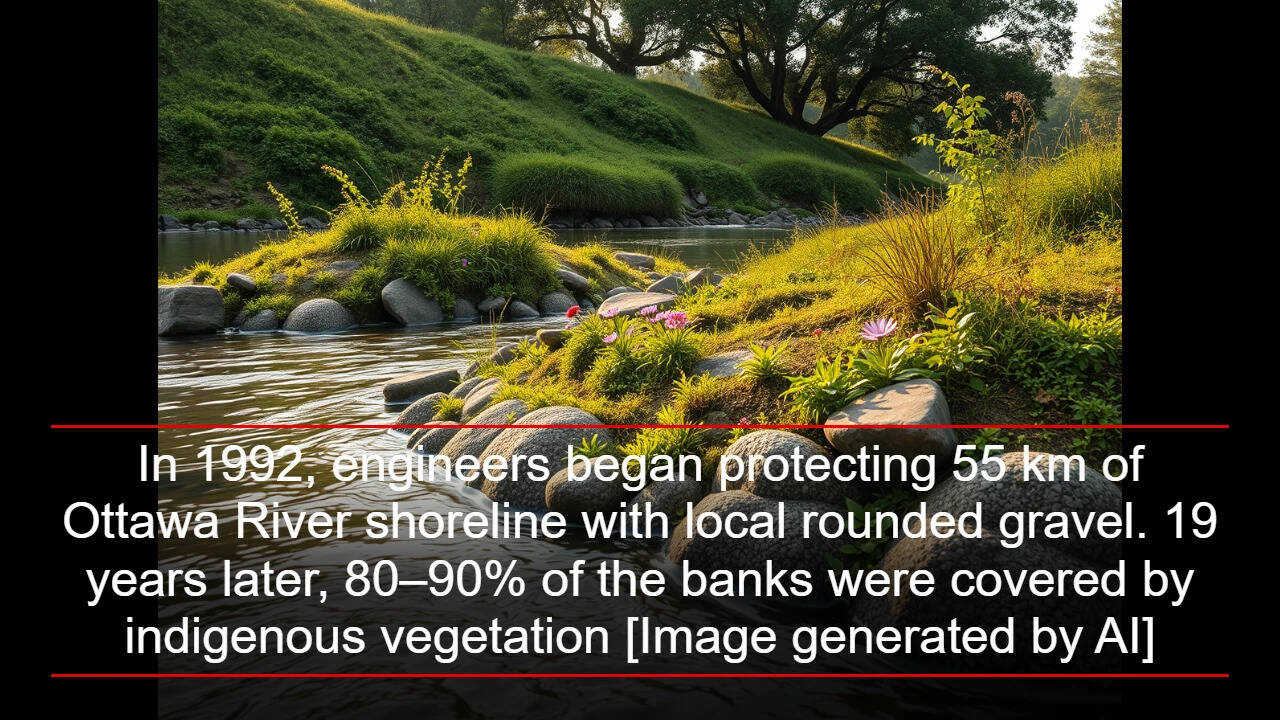 In 1992, engineers began protecting 55 km of Ottawa River shoreline with local rounded gravel. 19 years later, 80–90% of the banks were covered by indigenous vegetation