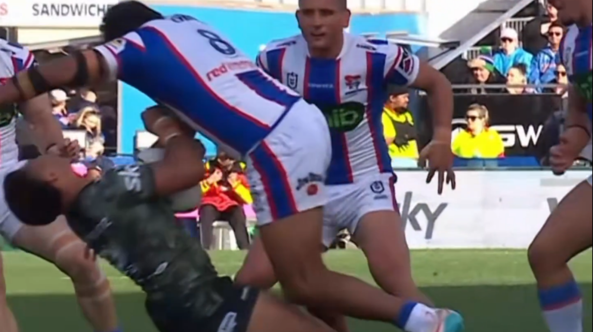 Knights prop Jacob Saifiti sent off for ‘savage’ hit that knocked out Warriors debutant Luke Laulilii