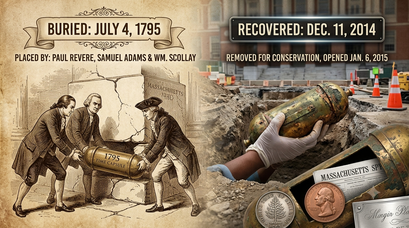 In 1795, Paul Revere helped bury a secret time capsule beneath Boston’s State House; 219 years later, workers opened it to reveal coins, documents and a medal